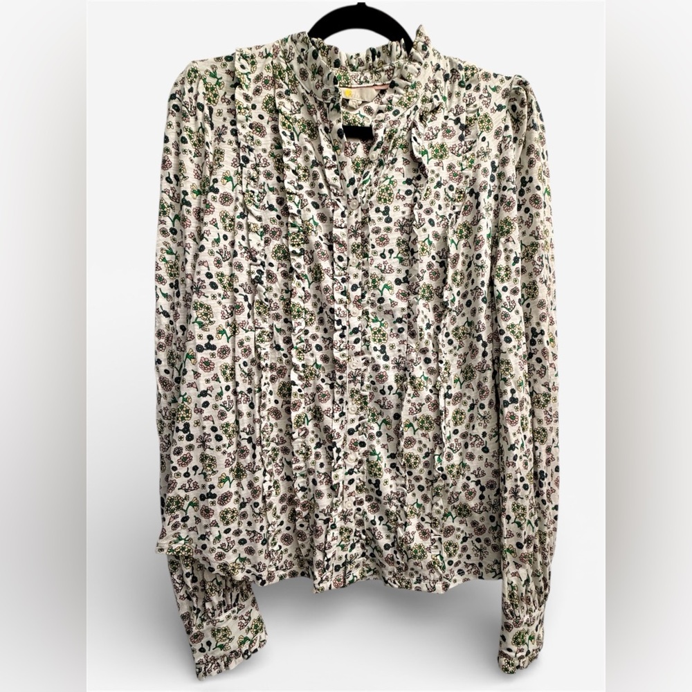Boden White Floral Top with Ruffle Trim